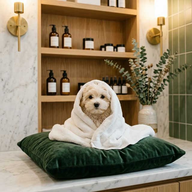 Собака в полотенце после SPA-процедуры